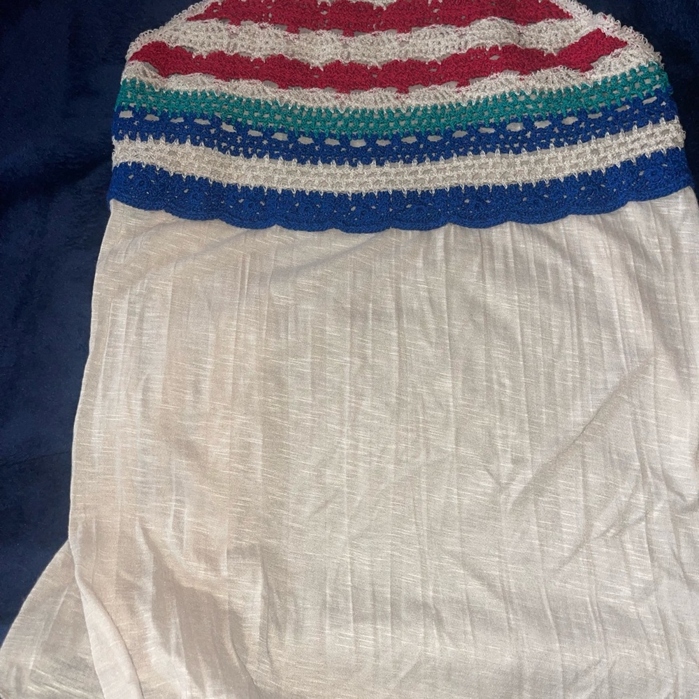 Almost Famous White Camisole with Red, Blue, Green Striped Crochet Top